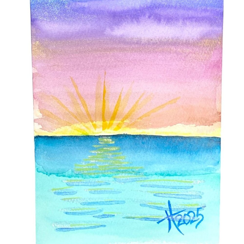Art Original Sunset Flash Watercolor Painting Wall Art 8x10in Matted Frame Ready
